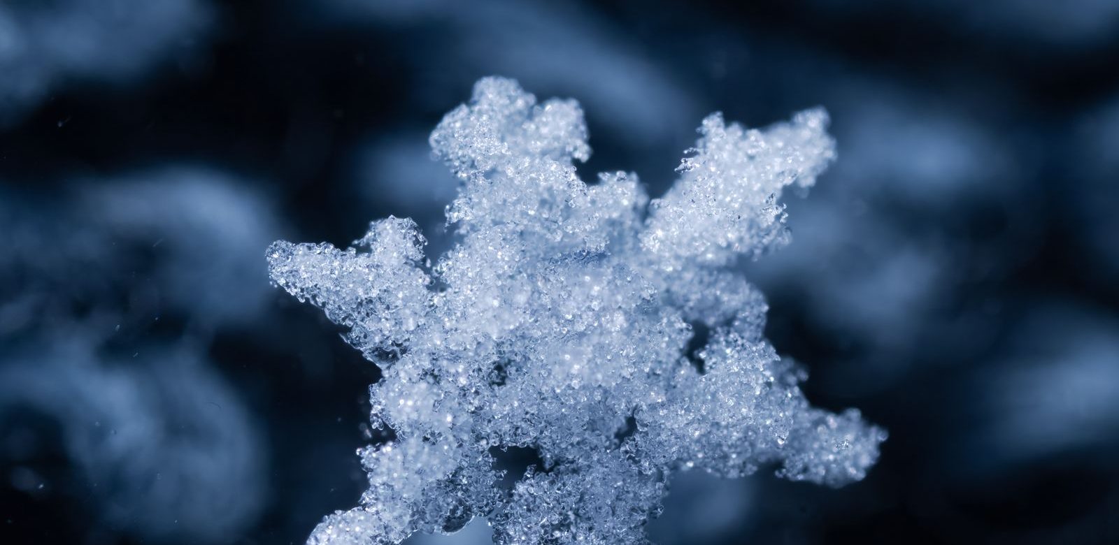 Close-up van een ijskristal in de vorm van een sneeuwvlok tegen een donkerblauwe achtergrond