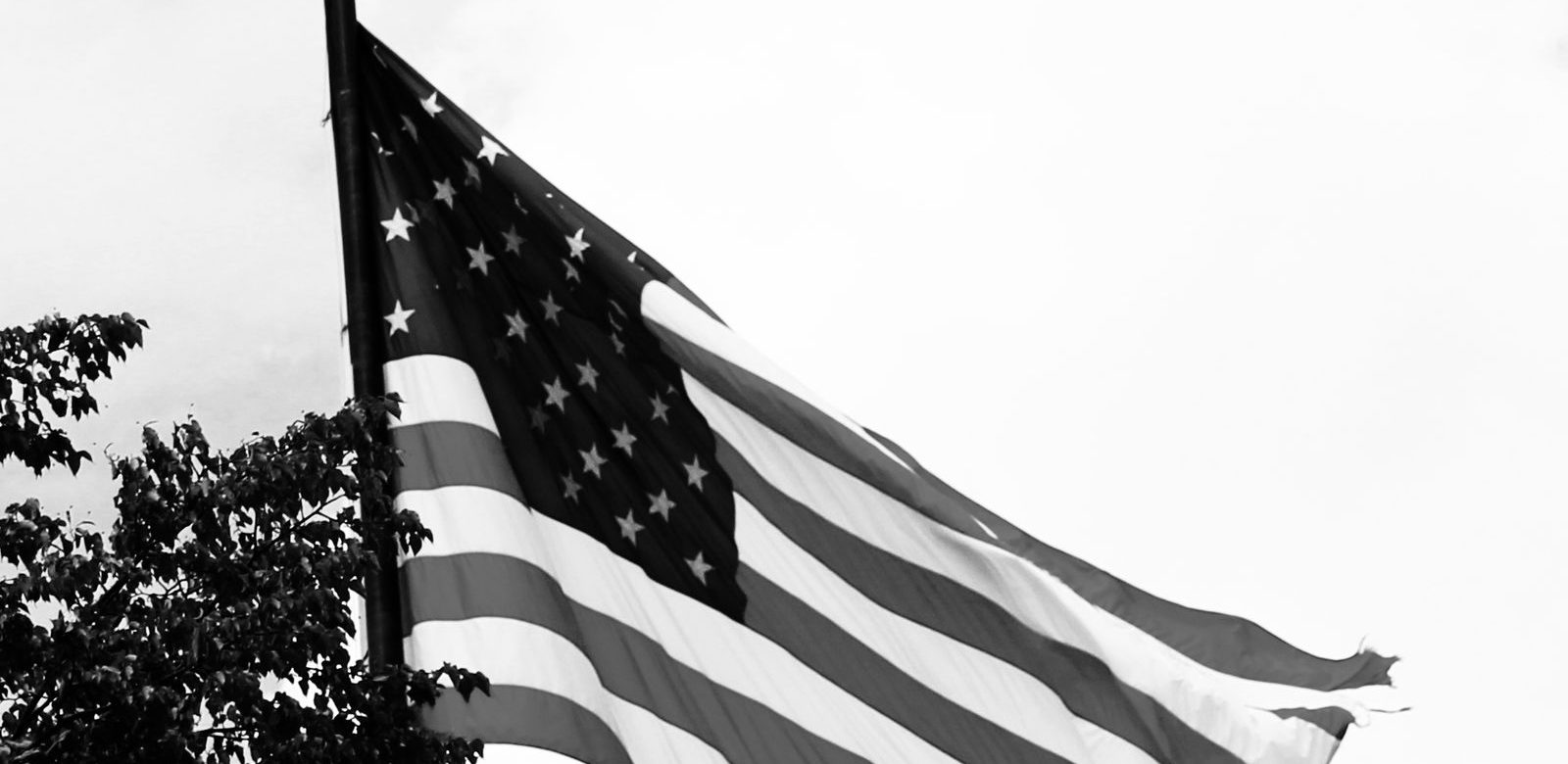 Zwart-witfoto van de wapperende Amerikaanse vlag, genomen in een park in New York City