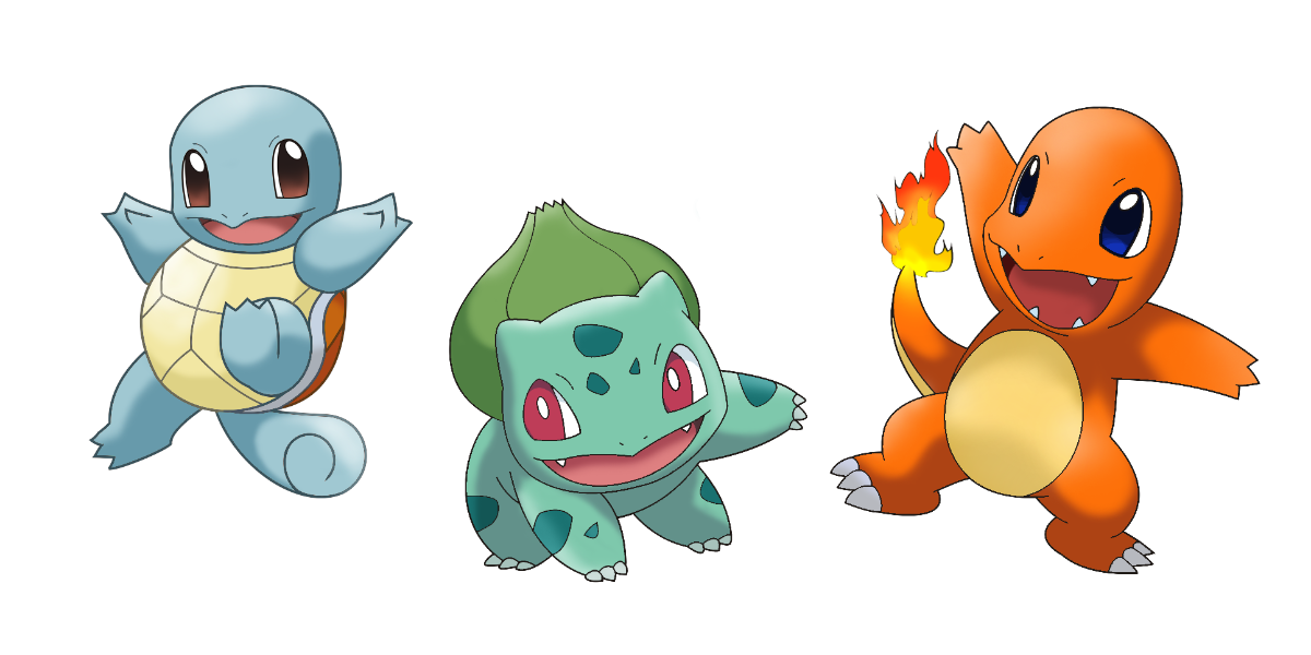 Squirtle, Bulbasaur en Charmander