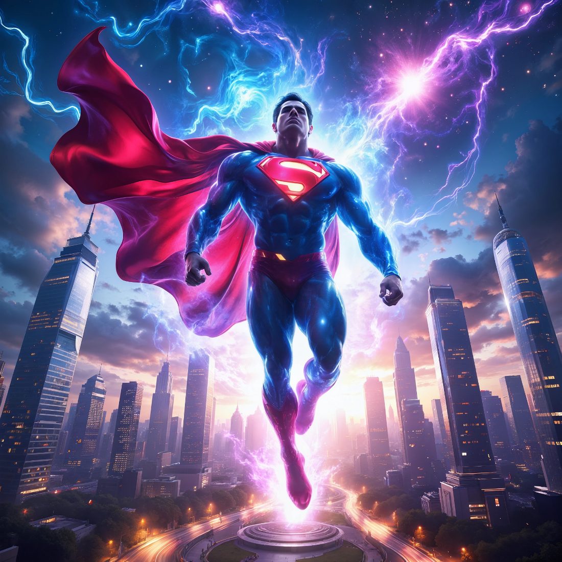 Superman vliegt boven de stad